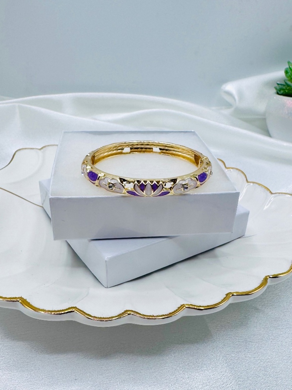 Gold Tone Purple Lotus Flower Enamel Hinged Bangle Bracelet Boho Floral